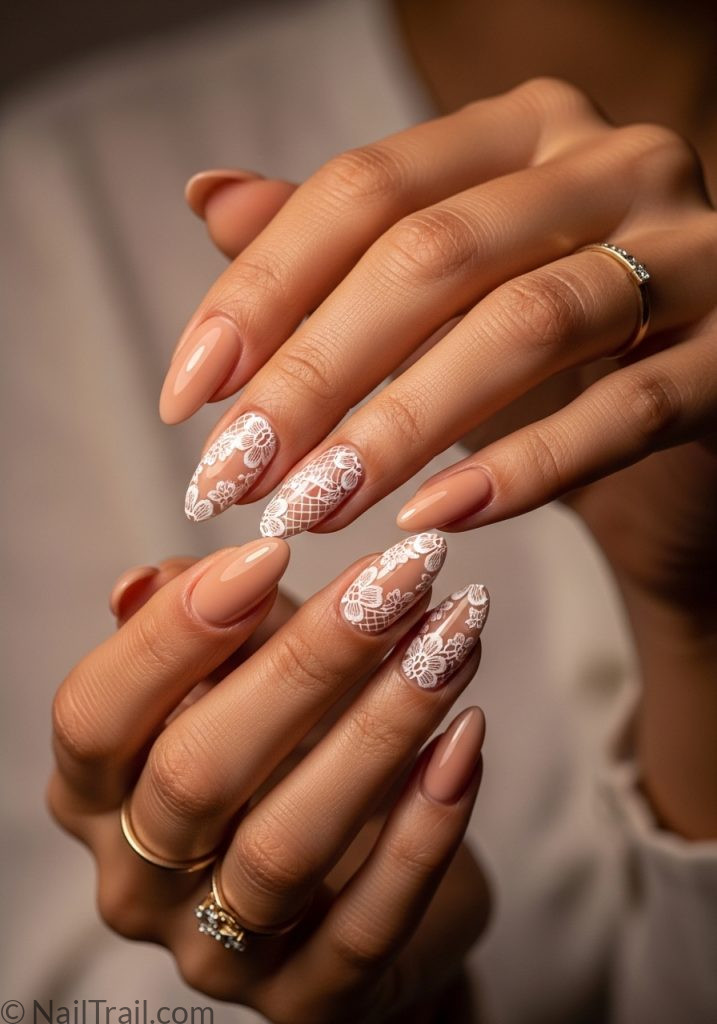 Medium tan hands with nude almond nails white lace art white lace nails simple
