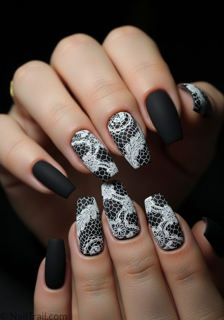 Fair skin hands with black matte coffin nails full white lace art white lace nails black base