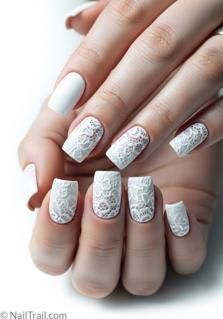 Medium fair hands with white square nails tonal lace art white lace nails square designs