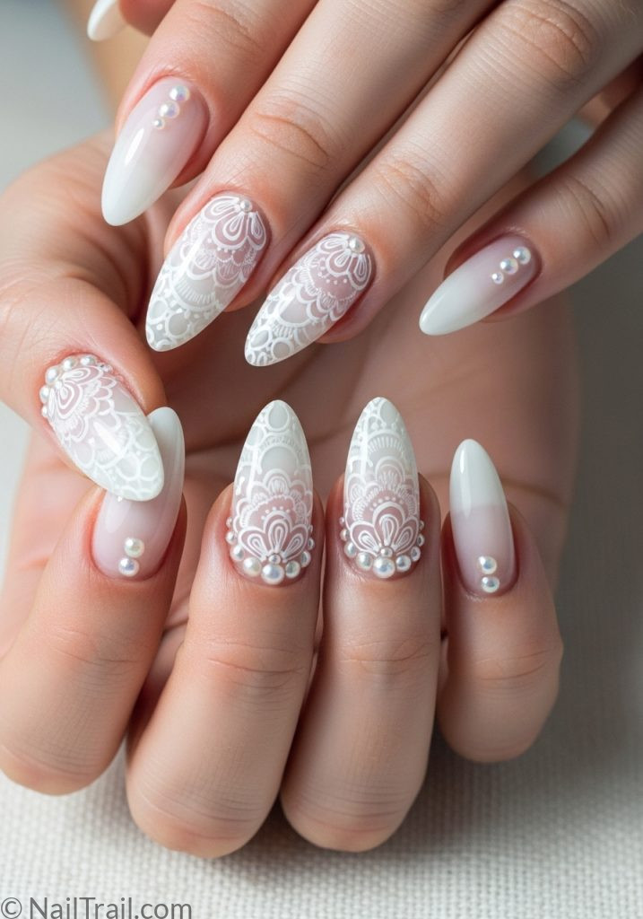 Fair skin hands with sheer white almond nails full lace art pearl beads white lace nails wedding