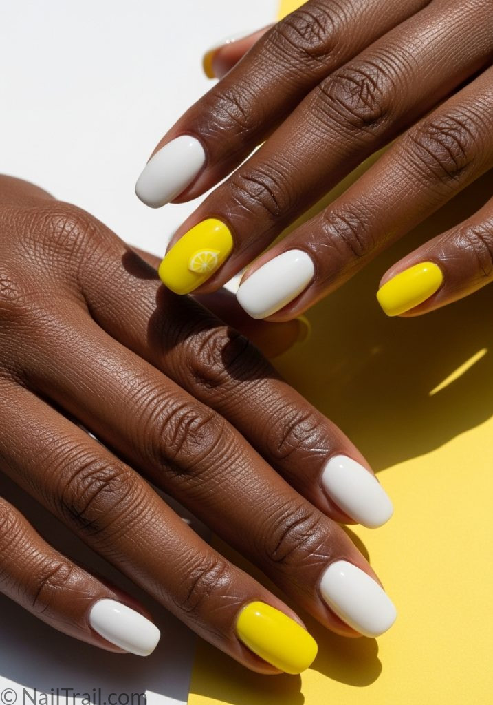 Lemon yellow and white short oval nails with lemon slice art on dark hands