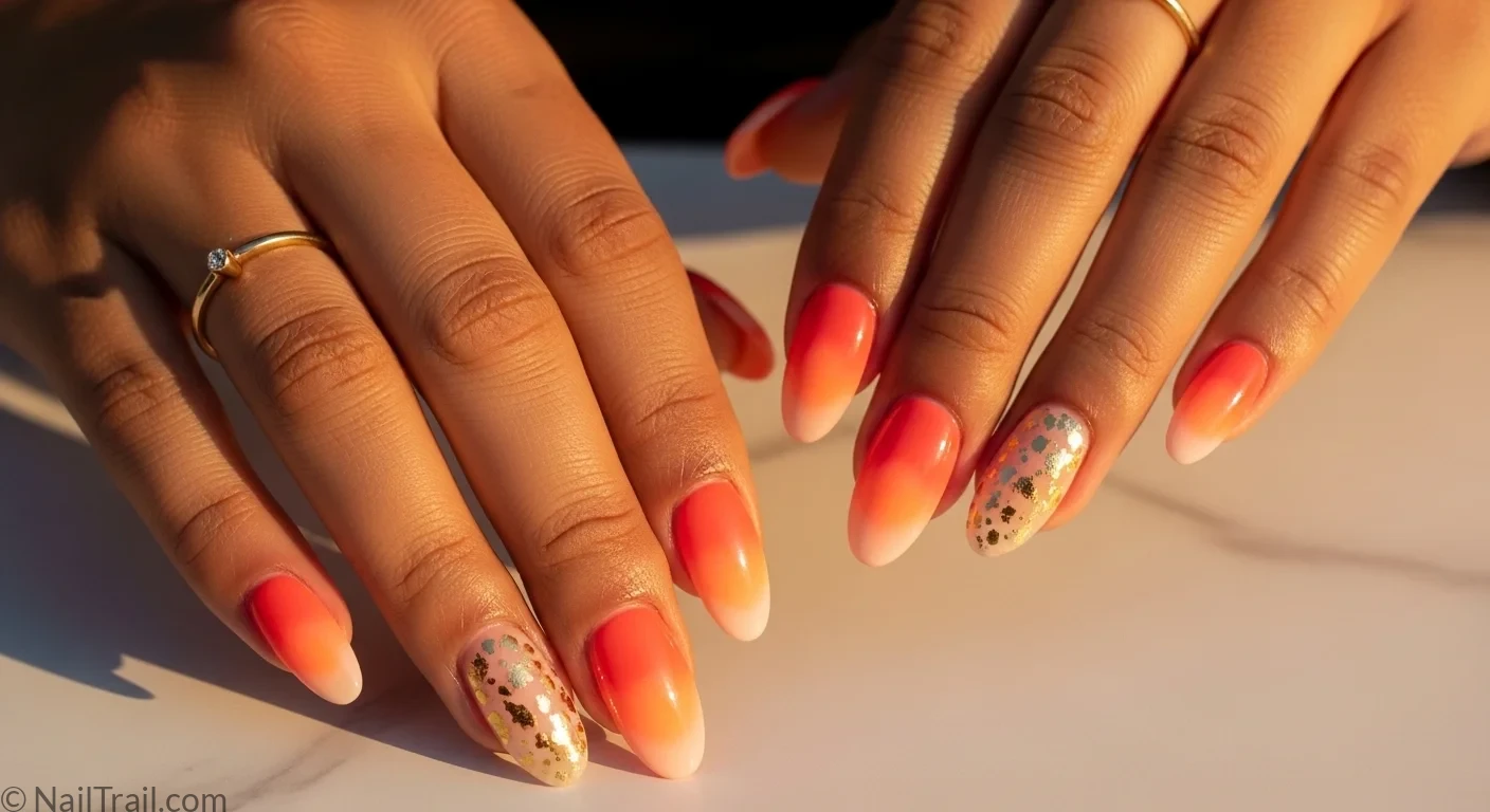 Warm coral almond nails with gold foil accents showing nail ideas summer