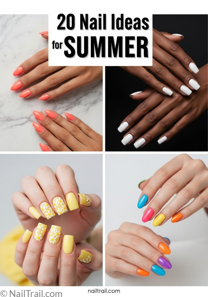 Collage of four summer nail ideas including coral almond, white chrome, butter yellow, and colorful chrome nails