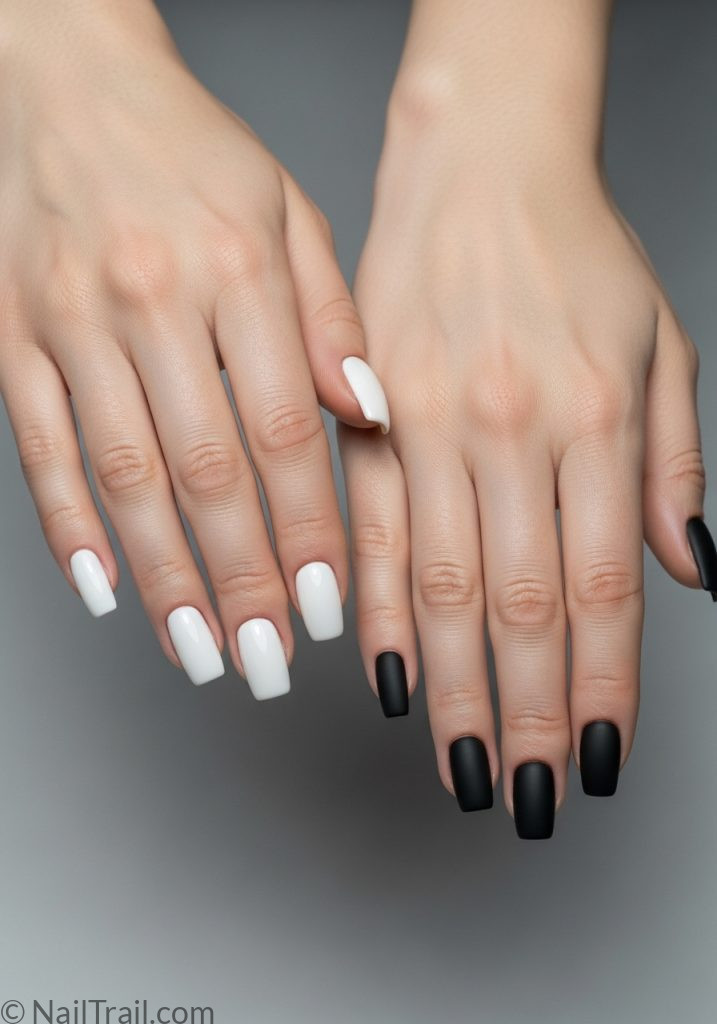 Both hands light tan skin coral left yellow right coffin nails different colours each hand