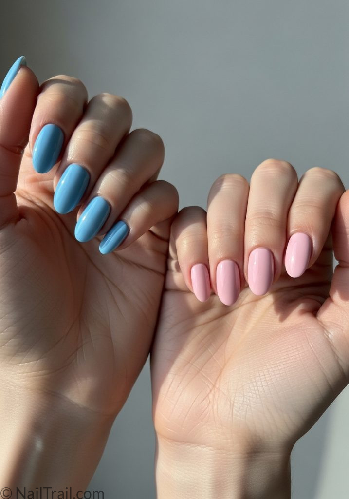 Both hands fair skin sky blue left baby pink right oval nails two different colours on each hand