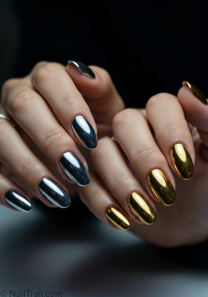 Both hands medium brown skin chrome silver left chrome gold right oval nails 2 different colours on each hand
