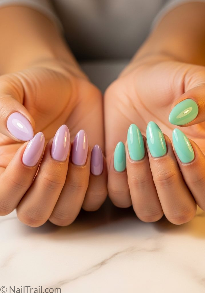 Both hands tan skin lavender left mint right almond nails different colours each hand