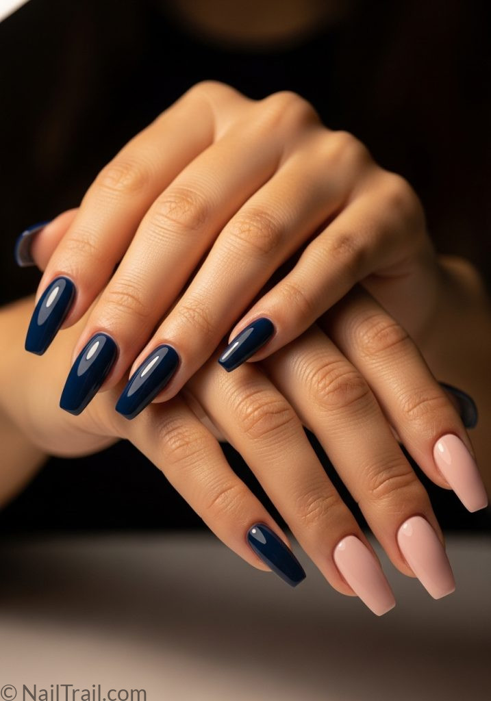 Both hands medium tan skin navy blue left blush pink right coffin nails two different colours on each hand