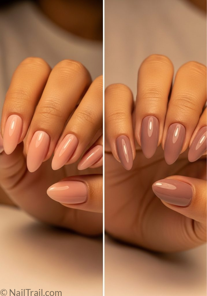 Both hands medium brown skin nude pink left dusty mauve right almond nails different colours each hand