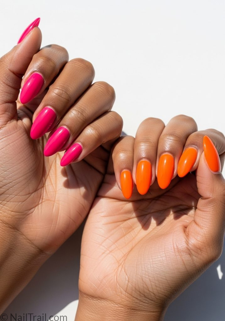 Both hands dark skin hot pink left orange right almond nails two different colours on each hand