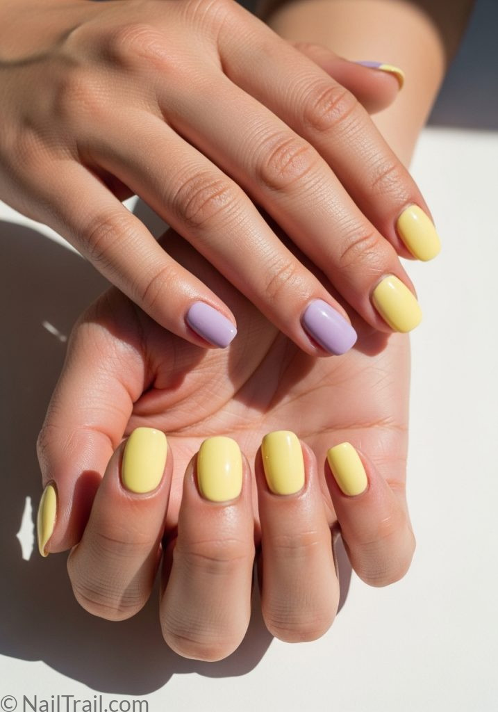 Both hands light tan skin pastel purple left pastel yellow right oval nails different colours each hand