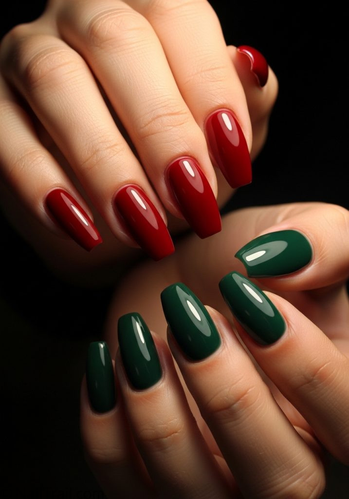 Both hands medium tan skin deep red left forest green right coffin nails different colours each hand