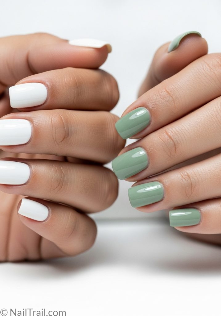 Both hands light brown skin white left sage green right square nails different colours each hand