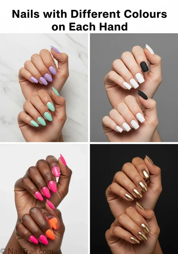 Collage of four nails with different colours on each hand ideas including lavender mint, black white, pink orange, and chrome silver gold combinations