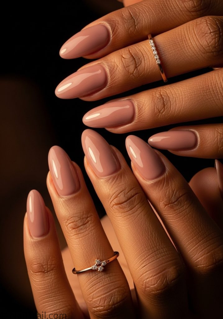 Dusty mauve nude gel long almond nails on deep brown hands with rose gold ring