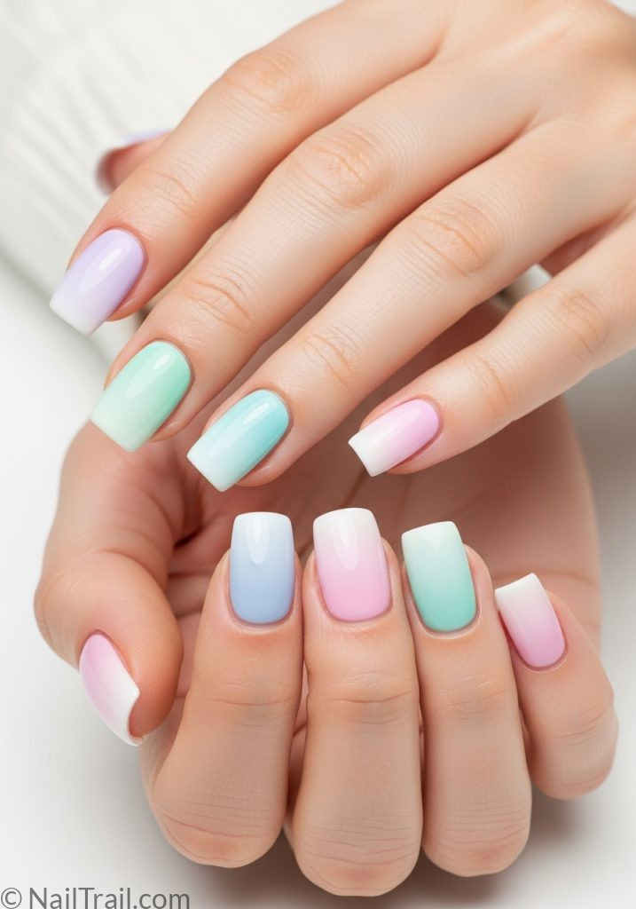 Pastel ombre short square nails in lilac mint blue and pink on light hands