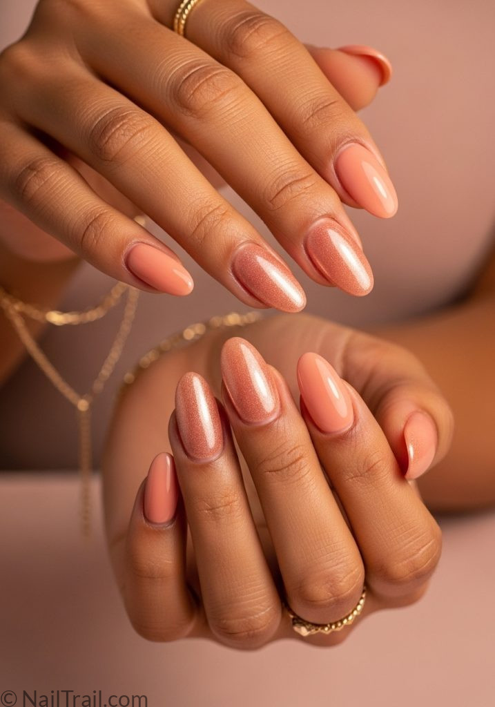 Peach chrome oval nails with rose gold shimmer on medium tan hands