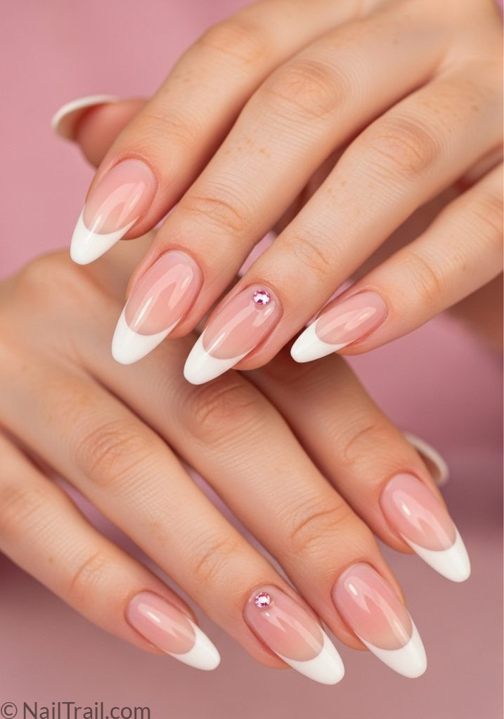 Pink base white French tip almond nails on fair freckled hands