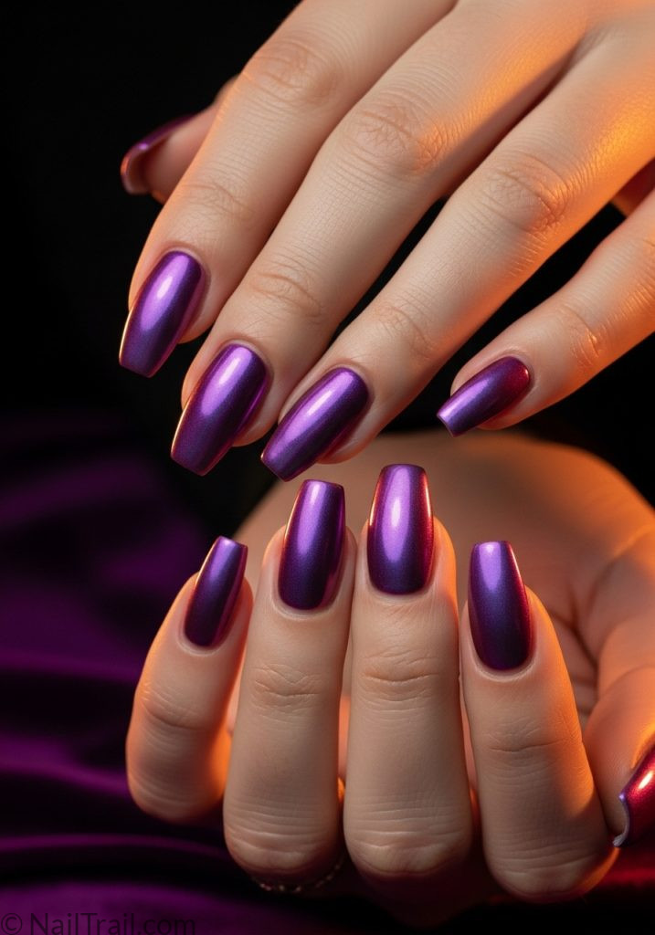 Purple holographic short coffin nails on light skin with color shifting shimmer