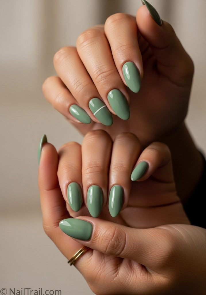 Sage green minimalist almond nails with negative space accent on olive skin