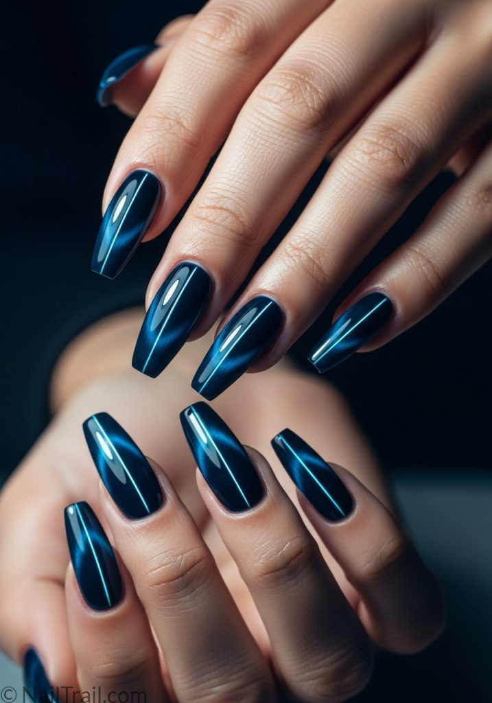 Light tan hands with blue cat eye coffin nails spring nail ideas cat eye blue coffin designs