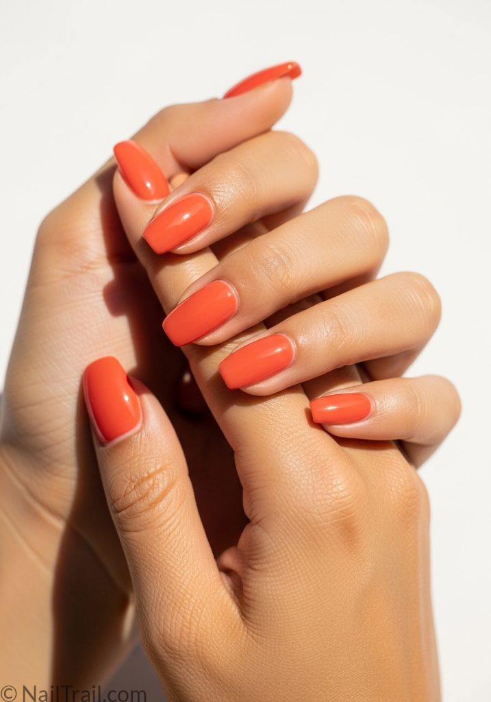 Light tan hands with coral short coffin nails spring nail ideas coffin short simple