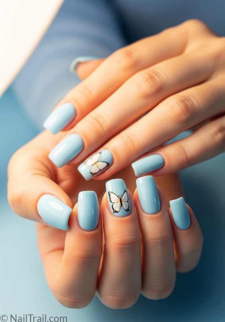 Fair skin hands with blue square nails butterfly accent art cute spring nail ideas square flowers designs