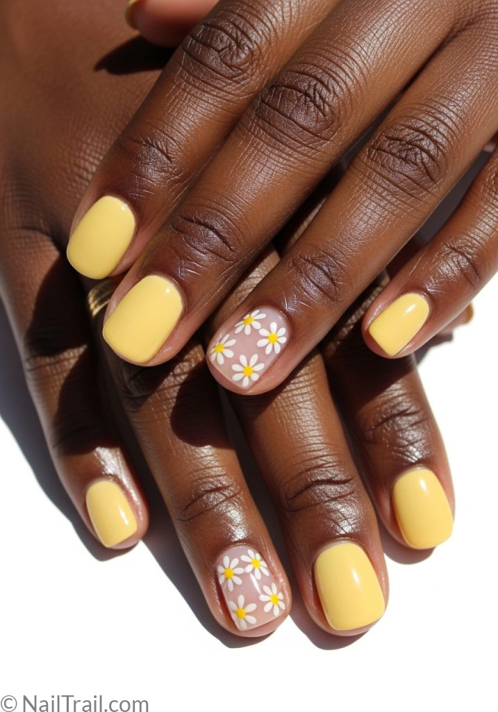 Dark brown hands with yellow short nails daisy art cute spring nail ideas short flowers simple