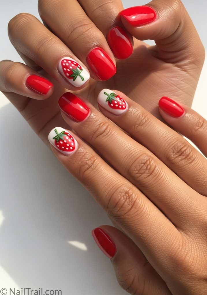 Medium brown hands with red short nails strawberry art cute spring nail ideas short flowers designs