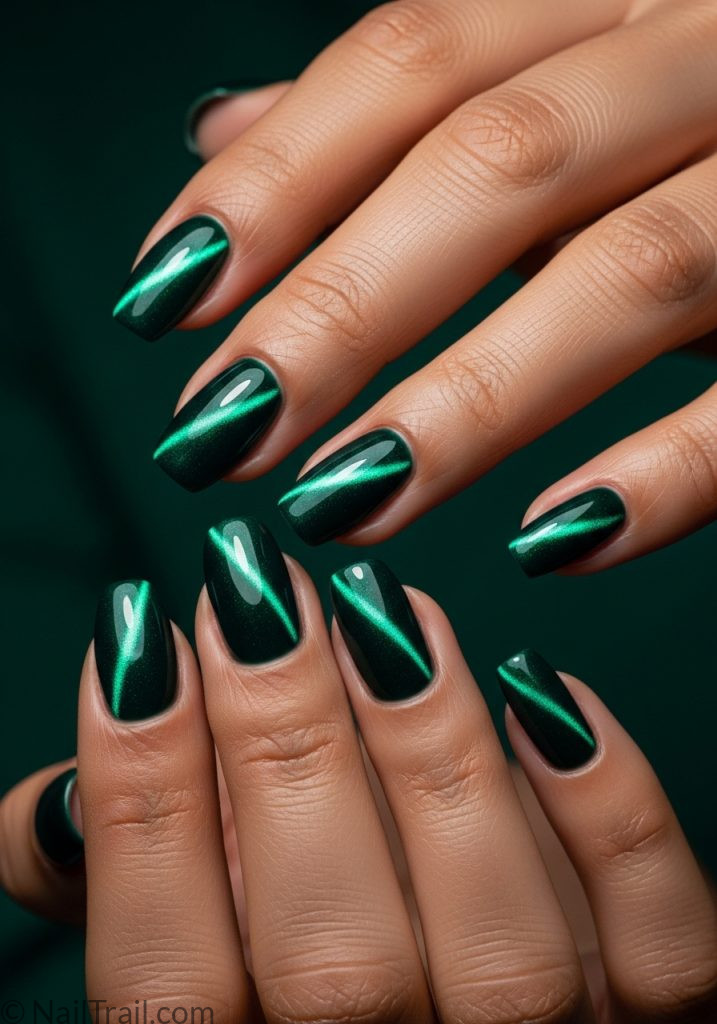 Medium tan hands with green cat eye short oval nails spring nail ideas cat eye green short