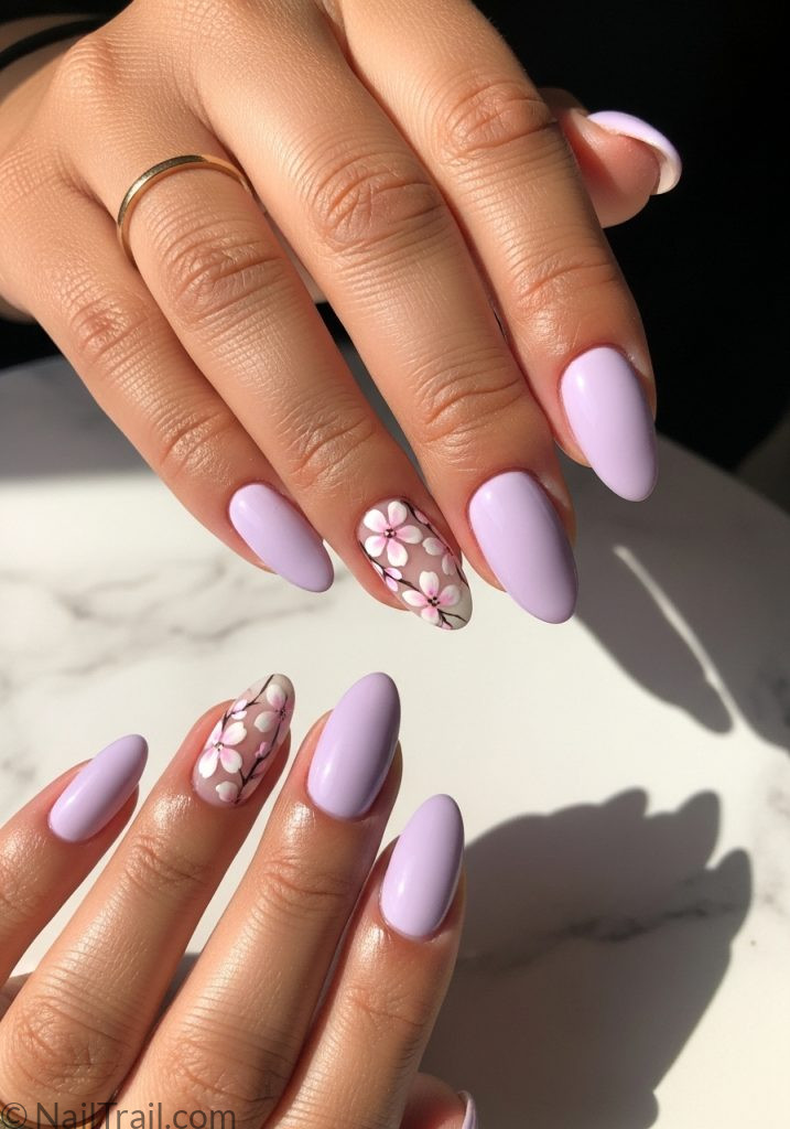 Warm medium hands with lavender almond nails cherry blossom art spring nail ideas almond shape flowers