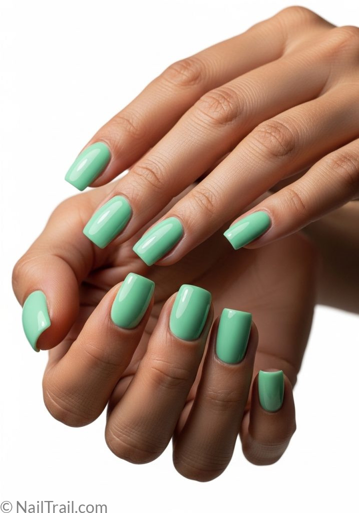 Medium brown hands with mint green short square nails spring nail ideas green short square simple