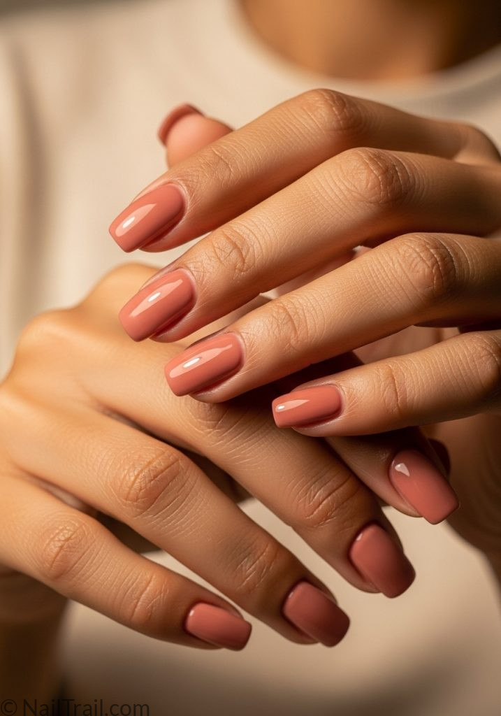 Warm olive hands with nude pink short square nails simple spring nail ideas short square simple