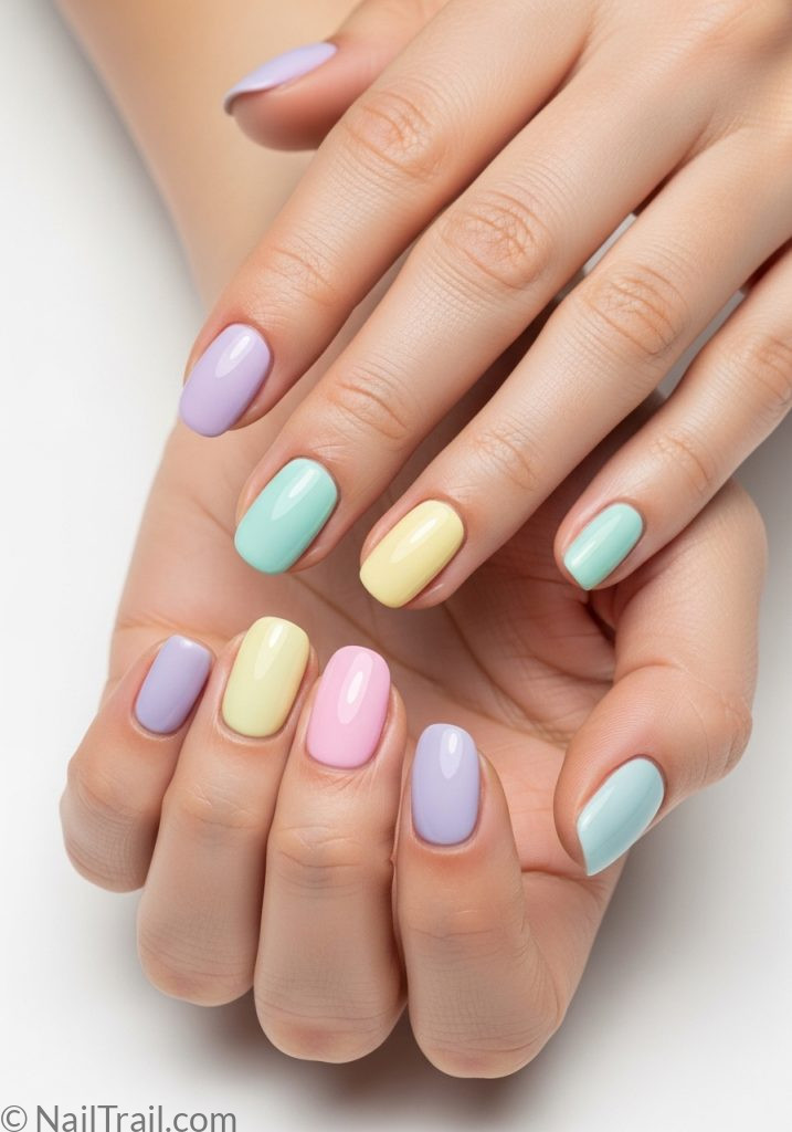 Light skin hands with pastel rainbow short oval nails spring nail ideas short simple cute designs
