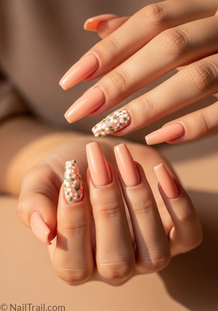 Light skin hands with peach coffin nails white floral art spring nail ideas coffin flowers designs