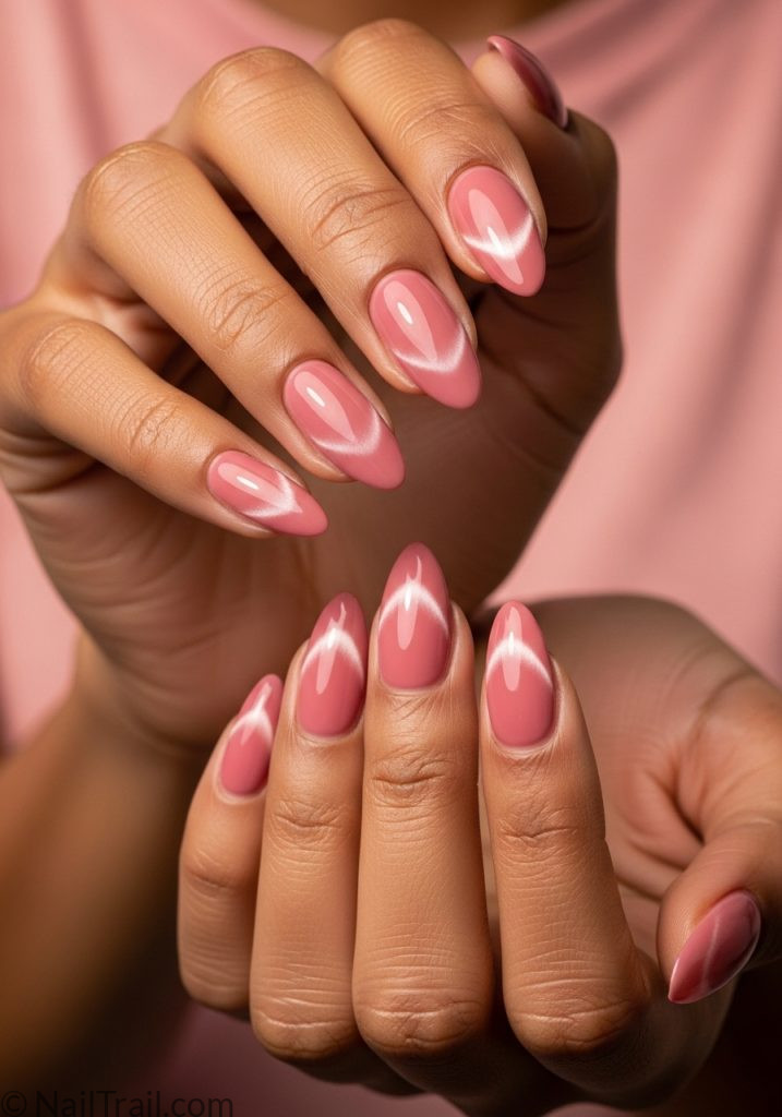 Medium brown hands with pink cat eye almond nails spring nail ideas cat eye almond pink designs