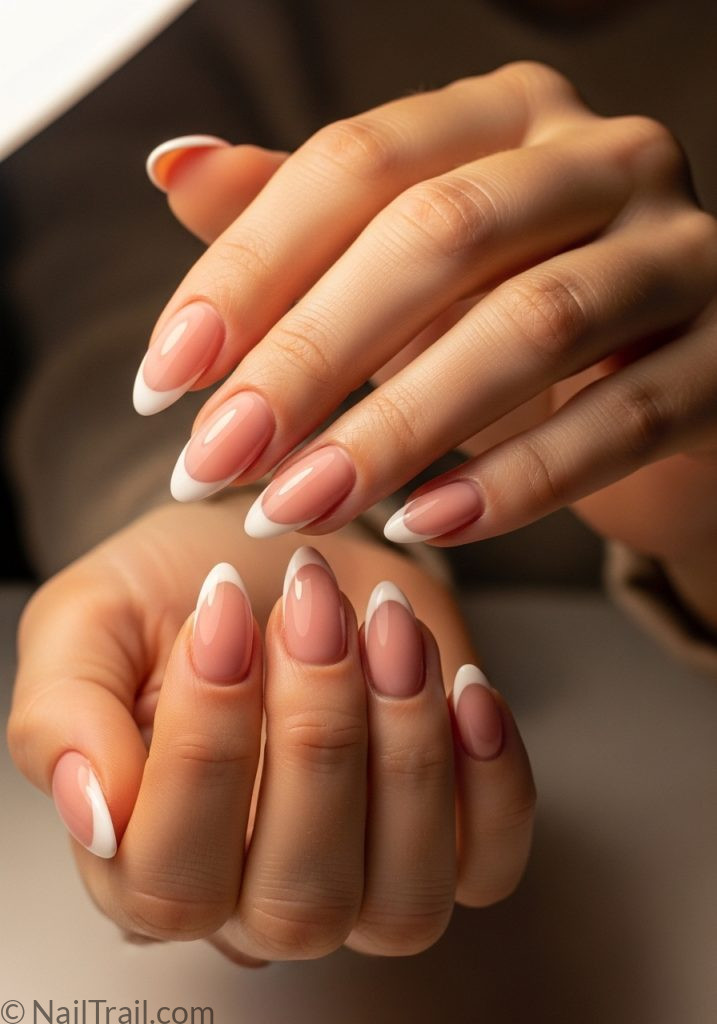 Fair skin hands with pink French tip almond nails spring nail ideas almond pink simple