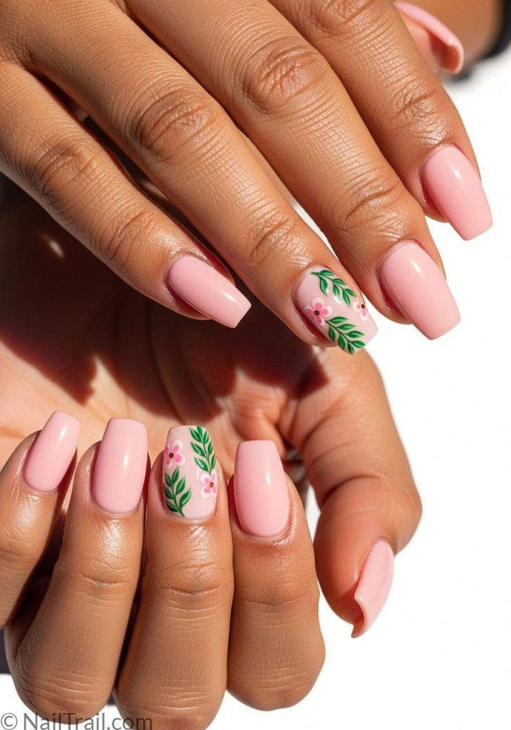 Light brown hands with pink short coffin nails green floral art spring nail ideas short flowers pink simple