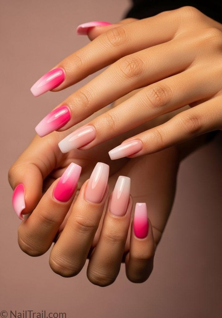 Medium tan hands with pink ombre coffin nails spring nail ideas coffin pink designs