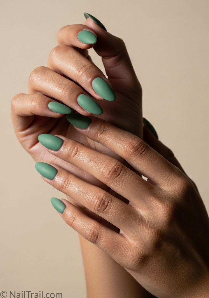 Olive skin hands with sage green almond nails spring nail ideas green almond shape simple