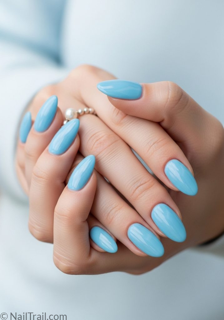 Medium fair hands with sky blue almond nails spring nail ideas almond blue simple