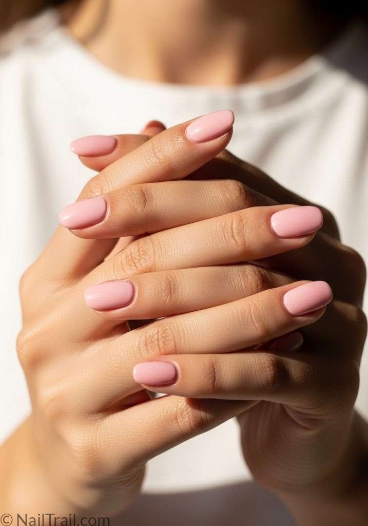 Light skin hands with soft pink short oval nails simple spring nail ideas short pink