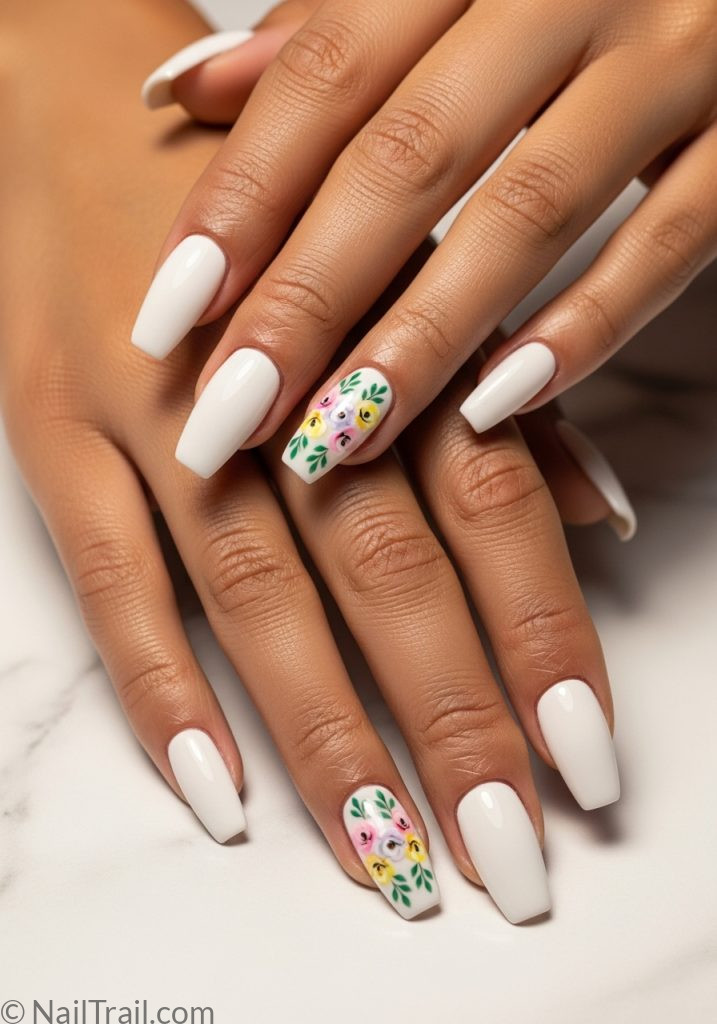 Medium tan hands with white coffin nails floral art spring nail ideas coffin flowers designs