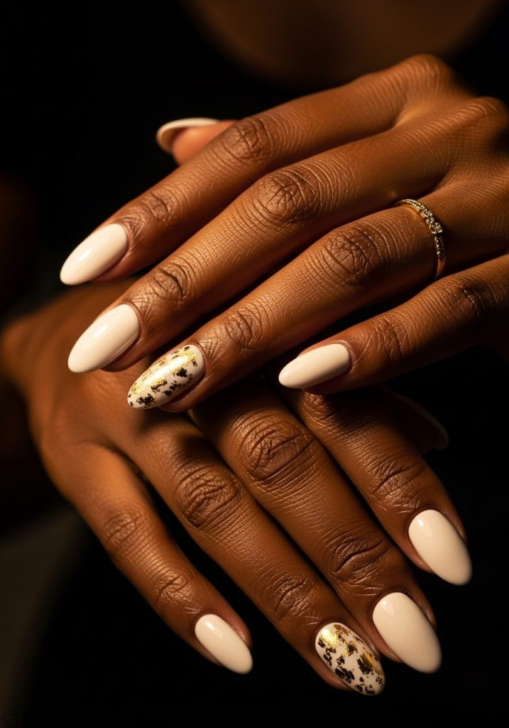 Deep brown hands with white gold foil almond nails spring nail ideas almond designs simple