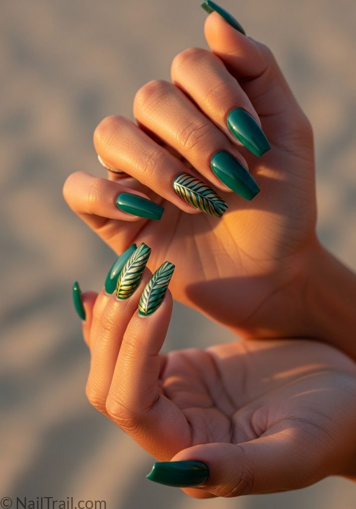 Deep teal coffin nails with gold palm leaf art on medium brown hands