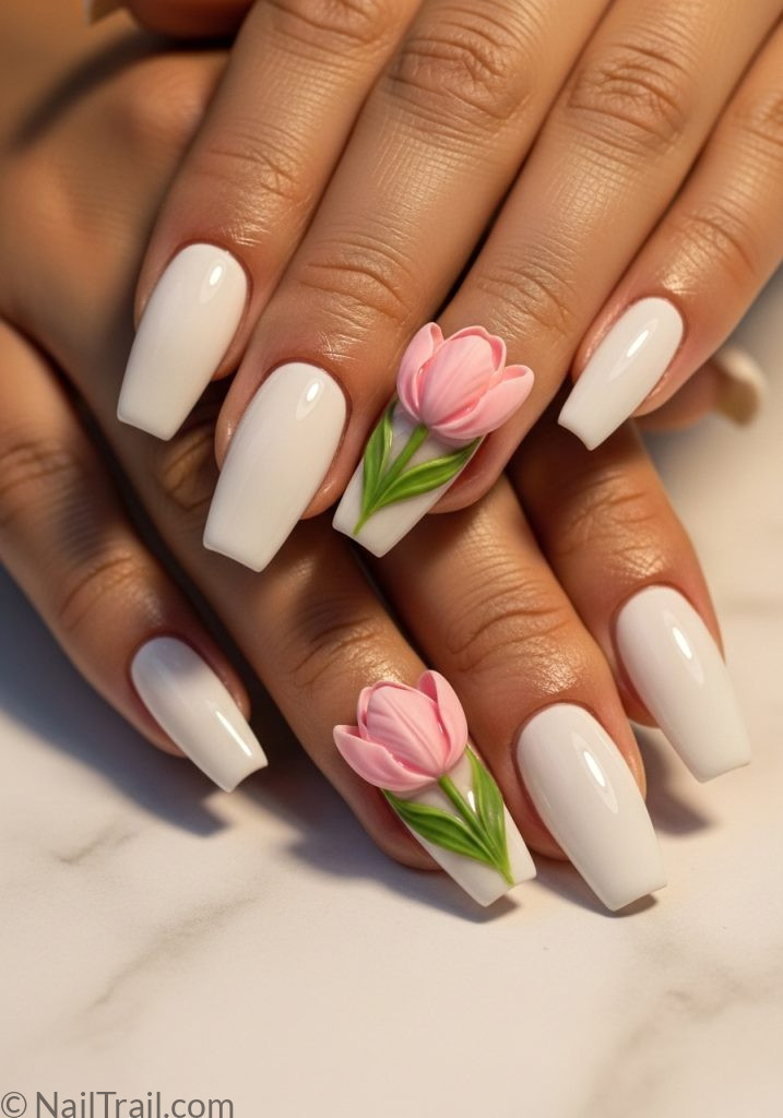 Light tan hands with white coffin nails 3D pink tulip petals tulip nails design 3d