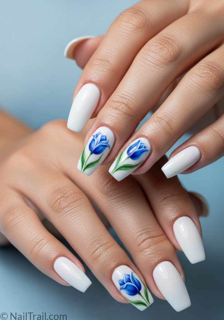Light brown hands with white coffin nails blue tulip art tulip nails design blue