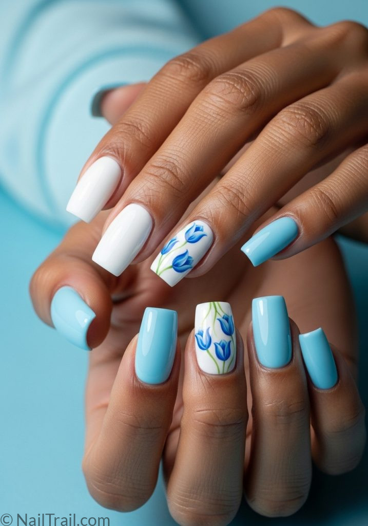 Medium brown hands with blue white square nails tulip art tulip nails design blue square