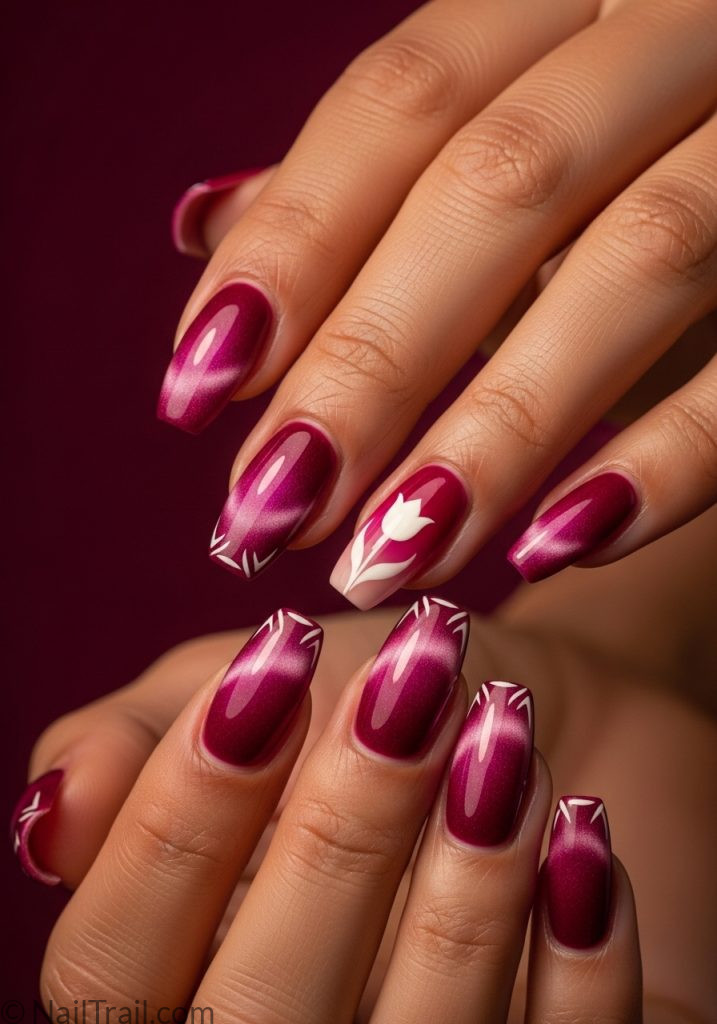 Medium tan hands with pink cat eye almond nails white tulip silhouette tulip nails design cat eye pink