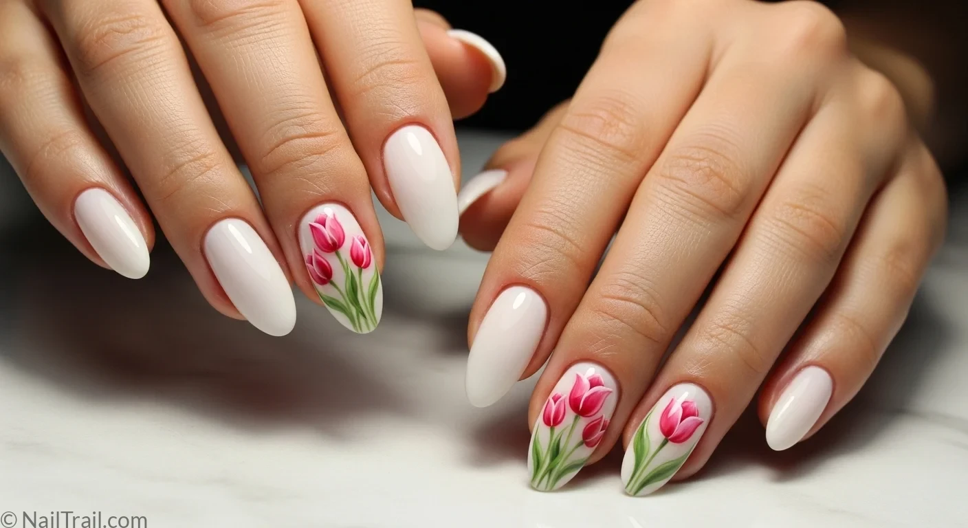 Light tan hands with white almond nails pink tulip art tulip nails design feature